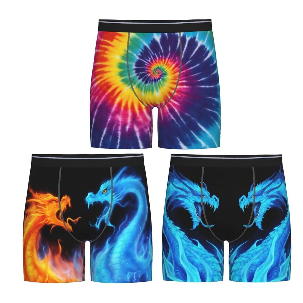 3425 Fire Blue Dragon Tie Dye Colorful 3 Pcs Funny Boxer Brief Set